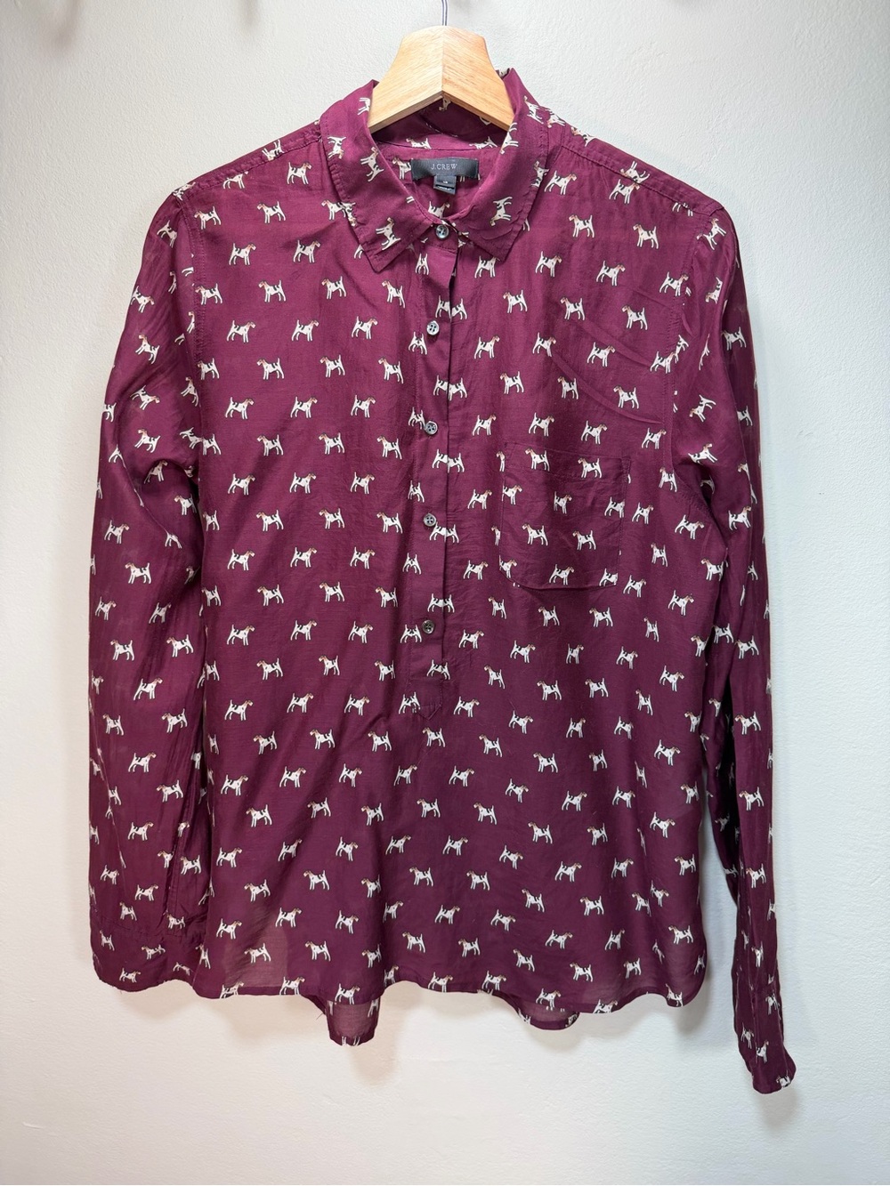 J. Crew cotton & silk Burgundy Long-Sleeve Button-Up Shirt with Dog Print